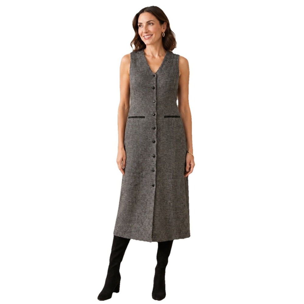 Talbots Wool Midi Dress Size 10 Gray Tweed Herringbone Preppy Career Vest